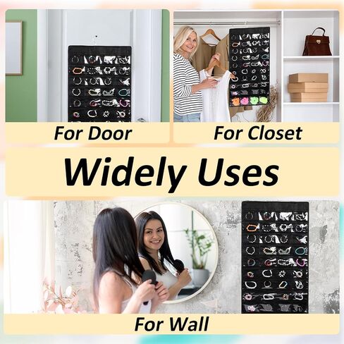 simarro Hanging Jewelry Organizer with Hanger Metal Hooks, Double Sided Large Hanging Jewelry Storage Roll with 48 Pockets for Earrings, Necklaces Rings on Closet, Wall, Door(Black) in Saudi Arabia