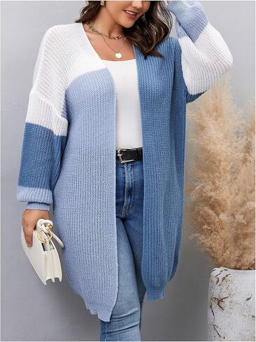 MakeMeChic Women's Plus Size Duster Cardigan 2024 Fall Fashion Long Sleeve Color Block Open Front Knitted Outerwear in Saudi Arabia
