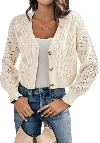GORGLITTER Women's Long Sleeve Cropped Cardigan Hollow Out Lightweight Button Down Sweater in Saudi Arabia