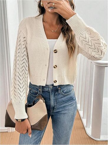 GORGLITTER Women's Long Sleeve Cropped Cardigan Hollow Out Lightweight Button Down Sweater in Saudi Arabia