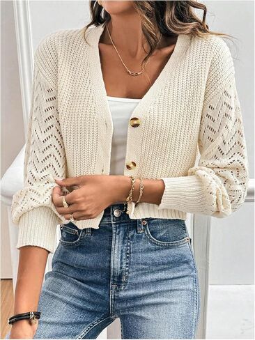 GORGLITTER Women's Long Sleeve Cropped Cardigan Hollow Out Lightweight Button Down Sweater in Saudi Arabia