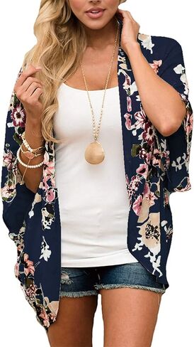Omoone Women's Short Batwing Sleeve Floral Chiffon Cardigan Kimono Beachwear in Saudi Arabia