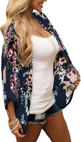 Omoone Women's Short Batwing Sleeve Floral Chiffon Cardigan Kimono Beachwear in Saudi Arabia