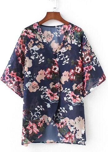 Omoone Women's Short Batwing Sleeve Floral Chiffon Cardigan Kimono Beachwear in Saudi Arabia