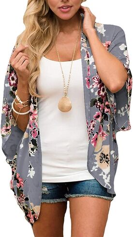 Omoone Women's Short Batwing Sleeve Floral Chiffon Cardigan Kimono Beachwear in Saudi Arabia