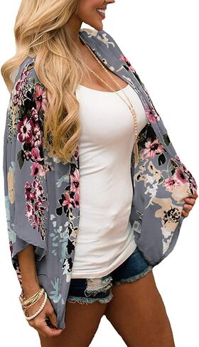 Omoone Women's Short Batwing Sleeve Floral Chiffon Cardigan Kimono Beachwear in Saudi Arabia