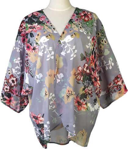 Omoone Women's Short Batwing Sleeve Floral Chiffon Cardigan Kimono Beachwear in Saudi Arabia