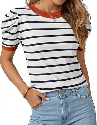 TARSE المرأة قصيرة نفخة الأكمام متماسكة القمم مخطط Crewneck الصيف سترة بلوزة كاجوال بلايز قمصان العصرية وتتسابق 2025 in Kuwait