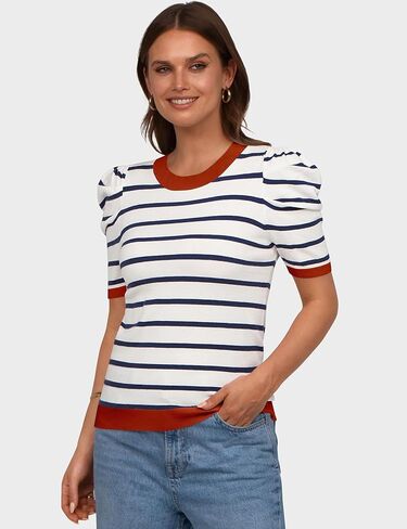 TARSE المرأة قصيرة نفخة الأكمام متماسكة القمم مخطط Crewneck الصيف سترة بلوزة كاجوال بلايز قمصان العصرية وتتسابق 2025 in Kuwait