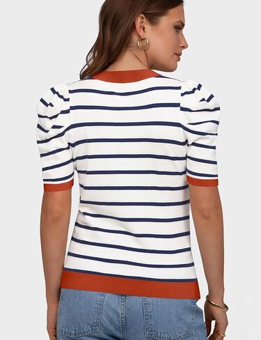 TARSE المرأة قصيرة نفخة الأكمام متماسكة القمم مخطط Crewneck الصيف سترة بلوزة كاجوال بلايز قمصان العصرية وتتسابق 2025 in Kuwait