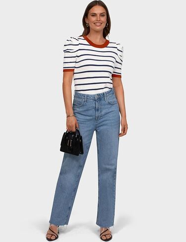 TARSE المرأة قصيرة نفخة الأكمام متماسكة القمم مخطط Crewneck الصيف سترة بلوزة كاجوال بلايز قمصان العصرية وتتسابق 2025 in Kuwait