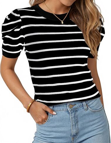 TARSE Women's Short Puff Sleeve Knit Tops Striped Crewneck Summer Sweater Casual Pullover Tops Shirts Trendy Outfits 2025 in Saudi Arabia