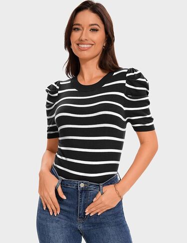 TARSE Women's Short Puff Sleeve Knit Tops Striped Crewneck Summer Sweater Casual Pullover Tops Shirts Trendy Outfits 2025 in Saudi Arabia