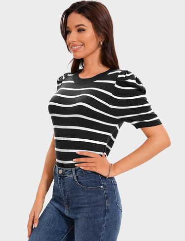 TARSE Women's Short Puff Sleeve Knit Tops Striped Crewneck Summer Sweater Casual Pullover Tops Shirts Trendy Outfits 2025 in Saudi Arabia