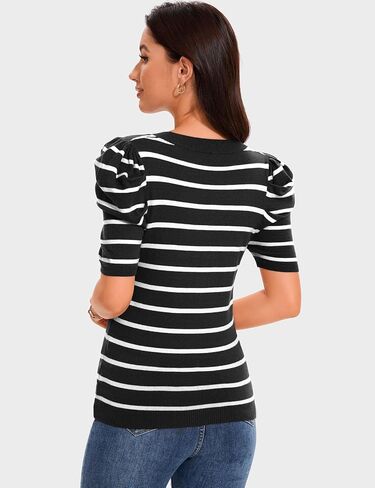 TARSE Women's Short Puff Sleeve Knit Tops Striped Crewneck Summer Sweater Casual Pullover Tops Shirts Trendy Outfits 2025 in Saudi Arabia