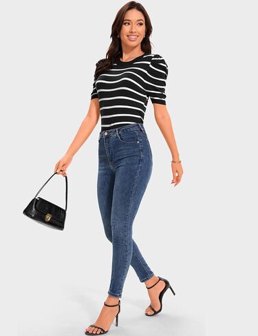 TARSE Women's Short Puff Sleeve Knit Tops Striped Crewneck Summer Sweater Casual Pullover Tops Shirts Trendy Outfits 2025 in Saudi Arabia