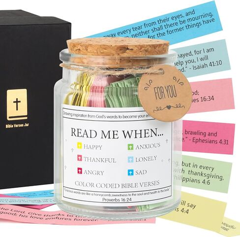 Bible Verse Jar, Read Me When Bible Verses Jar with Cross Necklace Greeting Card for Emotions and Feelings, The Hope Jar Bible Verses with Color Coded Bible Verses Jar, Christian Gifts for Women Men in Saudi Arabia