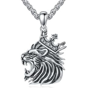 Lion Necklace for Men 925 Sterling Silver Crown Lion Head Pendant Necklace Jewelry Gifts for Women Men