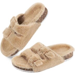 Parlovable Women's Slippers Fluffy Open Toe Fur House Shoes Arch Support Adjustable Straps Cork Slide Sandals Fuzzy Bedroom Non Slip Rubber Sole Breathable