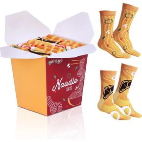 Noodles Socks in a Box 2 Pairs. One Size Fits Most. Novelty Food Socks. Noodle Socks Box Ramen. Funny Gift for Birthday, Christmas, Ramen Lover gift idea for Men and Women.
