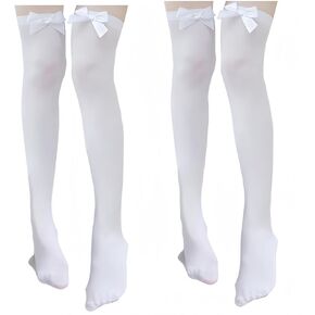 4 Pcs White Thigh High Bows Stockings for Women Over the Knee Socks Sexy Lolita Opaque Velvet Stocking