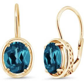 Gem Stone King 18K Yellow Gold Plated Silver London Blue Topaz Dangle Earrings For Women (3.60 Cttw Gemstone Birthstone Oval 9X7MM)