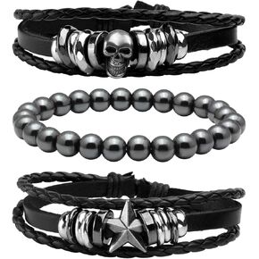 MILAKOO 3Pcs Retro Punk Unisex Bracelets Rock Goth PU Leather Cuff with Hematite Stone Beads