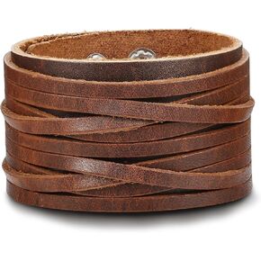 THUNARAZ 2PCS Leather Cuff Bracelet Wrap Wristband Button Bangle for Men Women Adjustable Wide Brown Belt Punk Bracelet