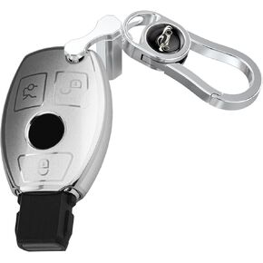 Polished Silver Key Fob Cover with Heavy-duty Keychain Smart Remote Key Shell Case (For Benz)