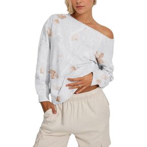 Women Off The Shoulder Camo Sweatshirt Trendy One Shoulder Fleece Pullover Maple Leaf Graphic Sweatshirts Loose Fit