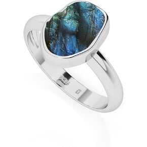 Natural Raw Labradorite Solitaire Rings for Women in Sterling Silver, November Birthstone Jewelry Gifts for Her Birthday, Anniversary, Christmas (Bezel-Set)