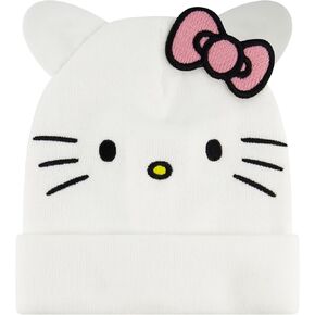 Hello Kitty Beanie Hat, Adult Acrylic Knitted Winter Cap with 3D Ears and Bow, White, One Size