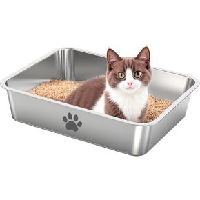 Stainless Steel Cat Litter Box,Metal Kitten Litter Pan, High Side Cats Toilet Indoor Litter Tray Pet Toilet Supplies for Cats, Kitty,Rabbits, Easy Clean, Non Stick Litter Box, No Smell (M)
