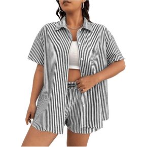 Verdusa Women's Plus Size Short Sets 2 Piece Outfits Striped Button Down Blouse Shirt and Short