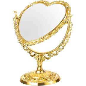 Desktop Cute Stuff Makeup Mirror Retro Heart Shape Tabletop Vanity Cosmetic Mirror Rotating Standing Cosmetic Mirror for Dresser Vanity Desktop Mirrors Bedroom (Golden)