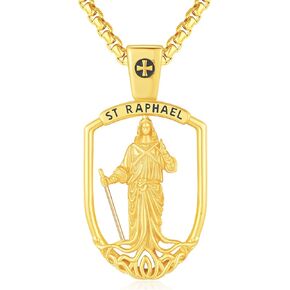 Gold Saint Raphael Necklace 925 Sterling Silver St Raphael the Archangel Pendant Necklaces,Gold Plated Patron Saint Raphael Medal Amulet Jewelry for Men with 22+2 in Chain