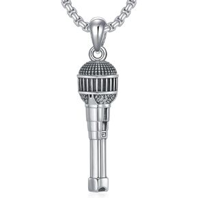 Microphone Necklace 925 Sterling Silver Microphone Pendant Jewelry for Men Women, w/Stainless Steel Chain 22''+2''