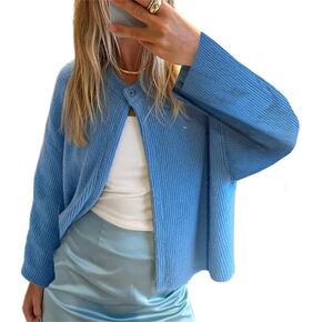 Y2k Girls Knitted Cropped Cardigan Top Women Casual Knit Sweater Long Sleeve Button Down Loose Knitwear Top