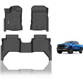 KELCSEECS® Floor Mats Custom for Ford Ranger SuperCrew Cab 2019-2023 All Weather Protection TPE Heavy Duty Non-Slip Automotive Floor Liners Fits Front & 2nd Row Full Set Accessories, Black