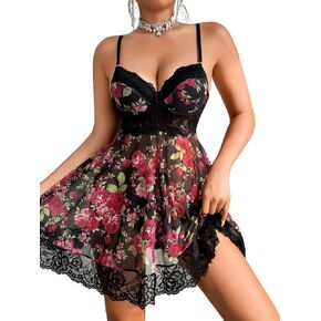 Floral Lace Babydoll Lingerie,Push Up Sheer Sexy Night Gowns For Women,Slip Dress Boudoir Wedding Honeymoon