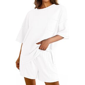 Dokotoo Women's Summer Two Piece Outfits Sweatsuit Casual Short Sleeve Shirts and Drawstring Shorts Lounge Sets