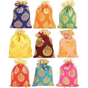 Touchstone Drawstring Bags Traditional Indian Handcrafted in Ficus Leaf Pattern Brocade fabric. Perfect for Gifts Jewelry Weddings Sweet Distribution Set of 9 Vibrant Multicolor Pouches Purses Potli