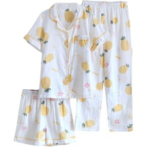 Womens 3pcs Cotton Gauze Pajama Set Short Sleeve Sleepwear Floral Print Cute Pj Set with Long Pants