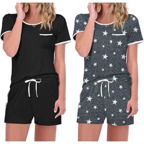 Ekouaer 2 Pack Womens Pajama Sets Short Sleeve Top with Shorts Soft Pj Comfy Sleepwear, Chest Pocket