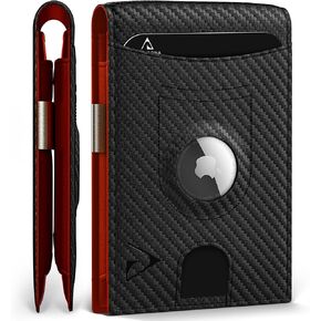 Airtag Wallet for Men, Leather Slim Wallet with Airtag Holder, Minimalist Wallet with RFID Blocking & Money Clip, Black & Orange