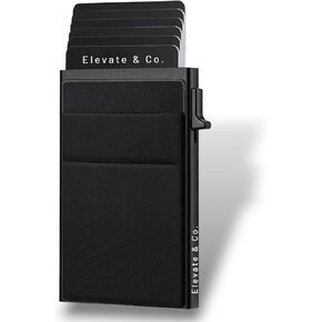 Elevate & Co. Black Ultralight Metal Pop-Up Credit Card Wallet for Men - Slim Minimalist RFID-Blocking Holder with Money Pocket - Aluminum Card Case for Business.