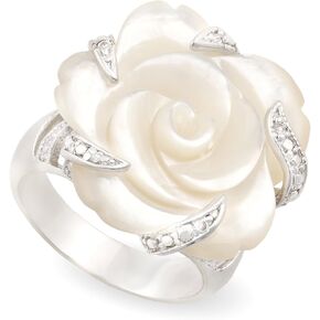 Rhodium Plated Carved Mother of Pearl Flower with Cubic Zirconia Cocktail Ring