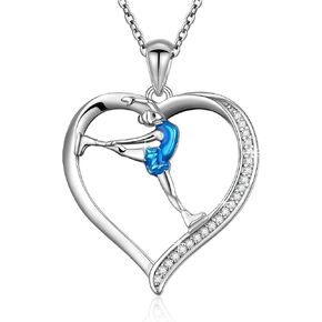 S925 Sterling Silver Ice Skating Sport Love Heart Charm Pendant Necklace Inspirational Jewelry Gifts for Women
