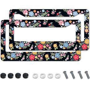 Floral License Plate Frame,Colorful Flowers Cute License Plate Frame 2 Pack Car Accessories Aluminum License Plate Covers for Men Women 2 Holes with Screws 12.2 X 6.3 inch
