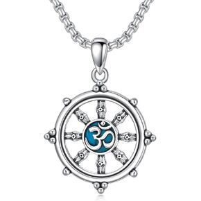 Om Yoga Necklace for Men Women 925 Sterling Silver Dharma Wheel Necklace Buddhist Necklace Turquoise Pendant Jewelry for Birthday Christmas